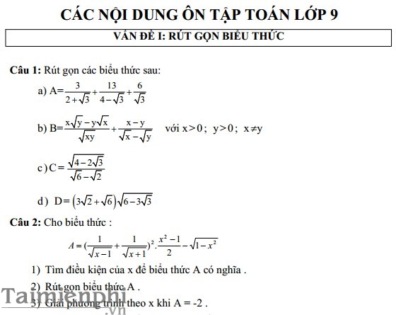 cac dang bai tap toan 9 on thi vao lop 10