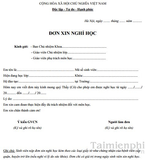 đơn xin phép nghỉ học don xin phep nghi hoc