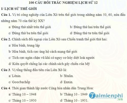 100 cau hoi trac nghiem lich su lop 12