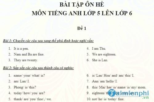 bai tap on he mon tieng anh lop 5 len lop 6