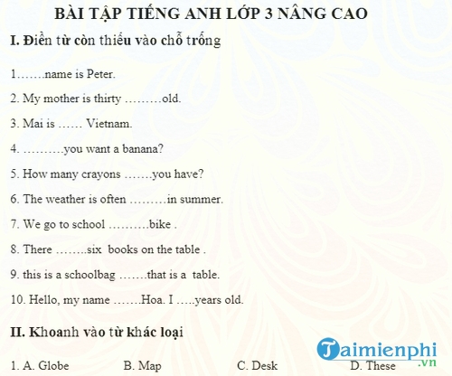 bai tap tieng anh lop 3 nang cao