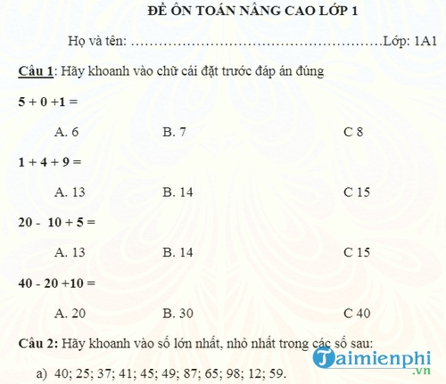 de on tap mon toan nang cao lop 1