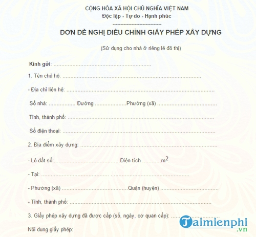 don de nghi dieu chinh giay phep xay dung nha o rieng le do thi