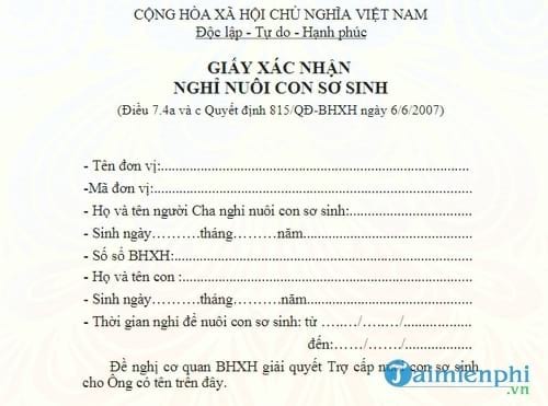 giay xac nhan nghi nuoi con so sinh