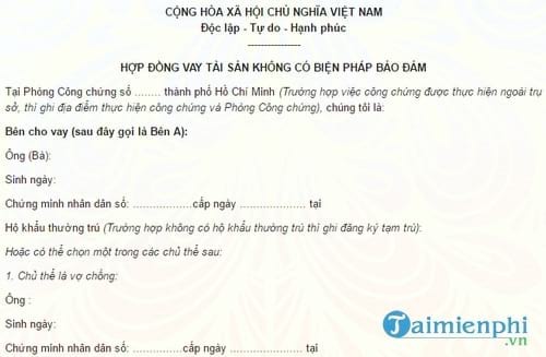 mau hop dong chi vay khong co bien phap dam bao