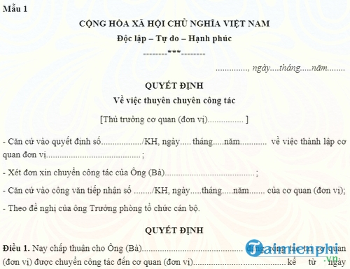 mau quyet dinh thuyen chuyen cong tac