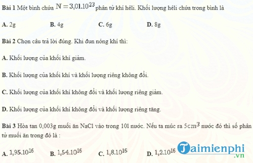 trac nghiem vat ly 10 chuong chat khi