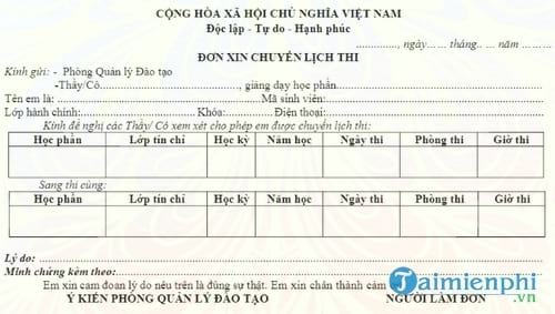 don xin chuyen lich thi