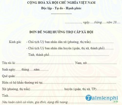 don xin huong tro cap xa hoi