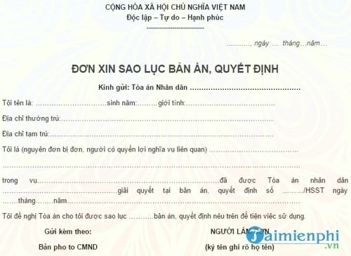 don xin sao luc ban an quyet dinh