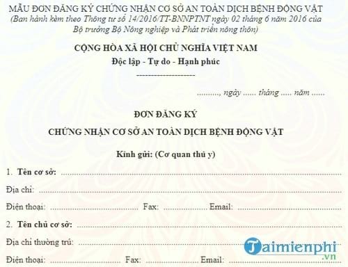 mau don dang ky chung nhan co so an toan dich benh dong vat