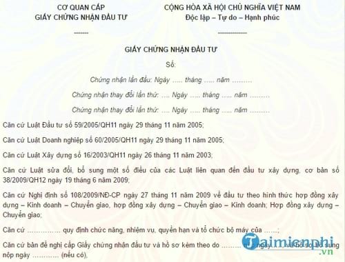 mau giay chung nhan dau tu cap cho nha dau tu nuoc ngoai