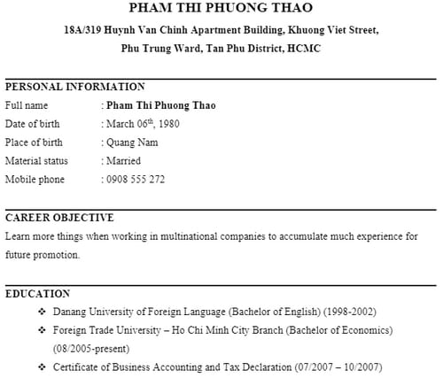 mau cv bang tieng anh