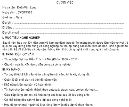 mau cv xin viec nganh kien truc