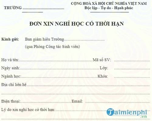 mau don xin nghi hoc ngan han