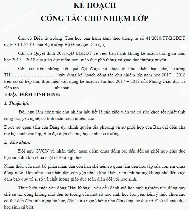 mau ke hoach cong tac chu nhiem lop