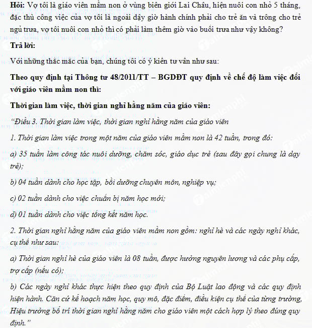 che do lam viec cua giao vien mam non