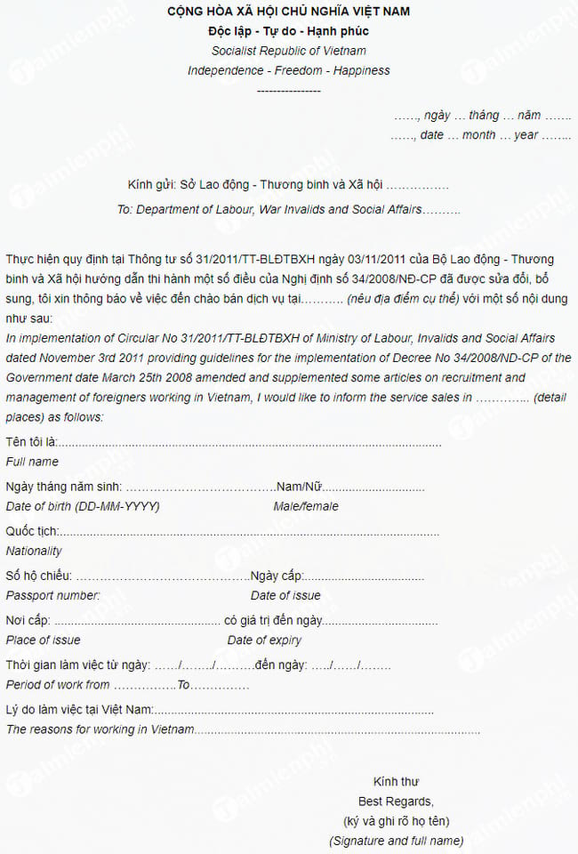 mau don xin lao dong tai viet nam