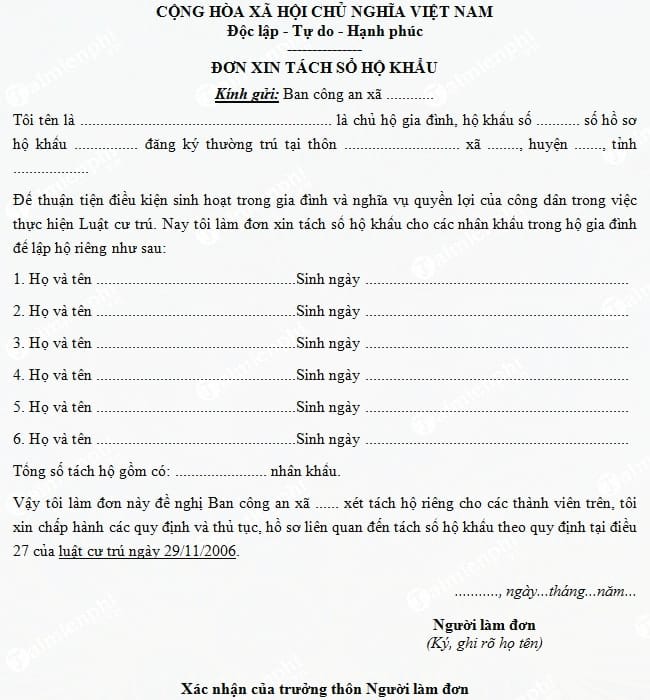 mau don xin tach so ho khau