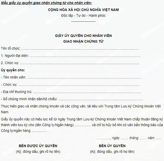 mau giay uy quyen giao nhan chung tu cho nhan vien