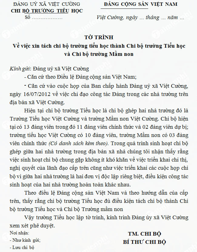 mau to trinh xin tach chi bo