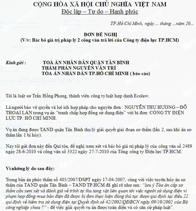 don de nghi bac bo gia tri phap ly cua mot van ban