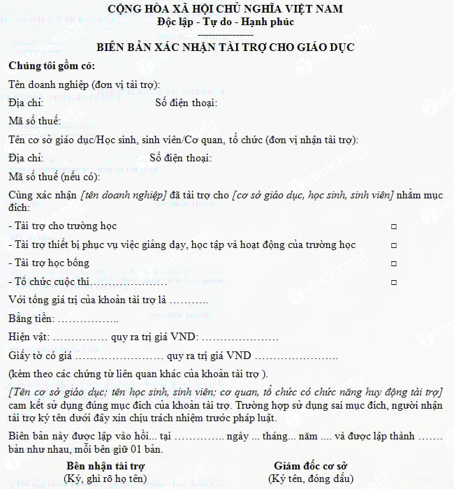 mau bien ban xac nhan tai tro cho giao duc