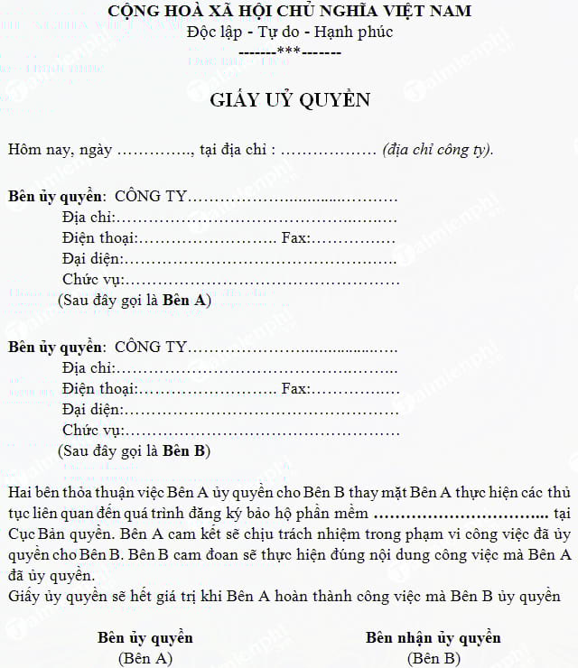 mau giay uy quyen thuc hien dang ky ban quyen phan mem may tinh