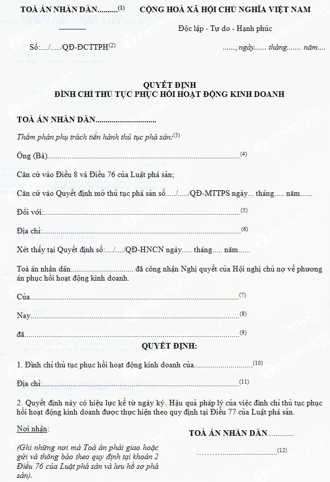 mau quyet dinh dinh chi thu tuc phuc hoi hoat dong kinh doanh