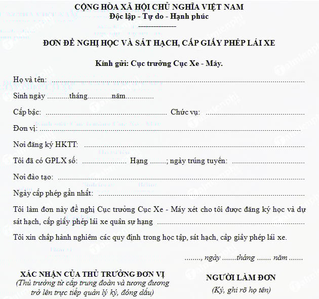 don de nghi hoc va sat hach cap giay phep lai xe quan su