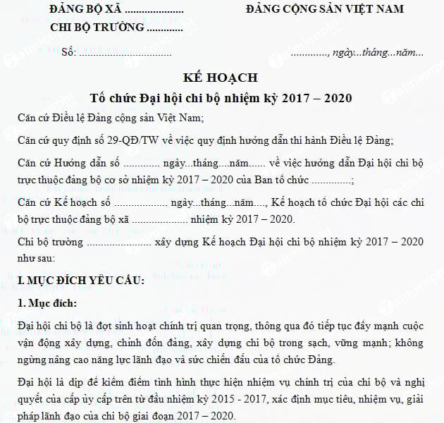 ke hoach to chuc dai hoi chi bo nhiem ky 2017 2020