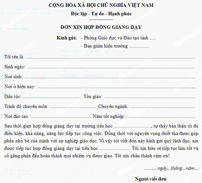 mau don xin hop dong giang day