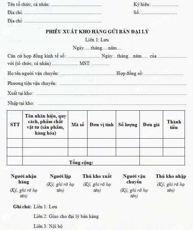 mau phieu xuat kho hang gui ban dai ly