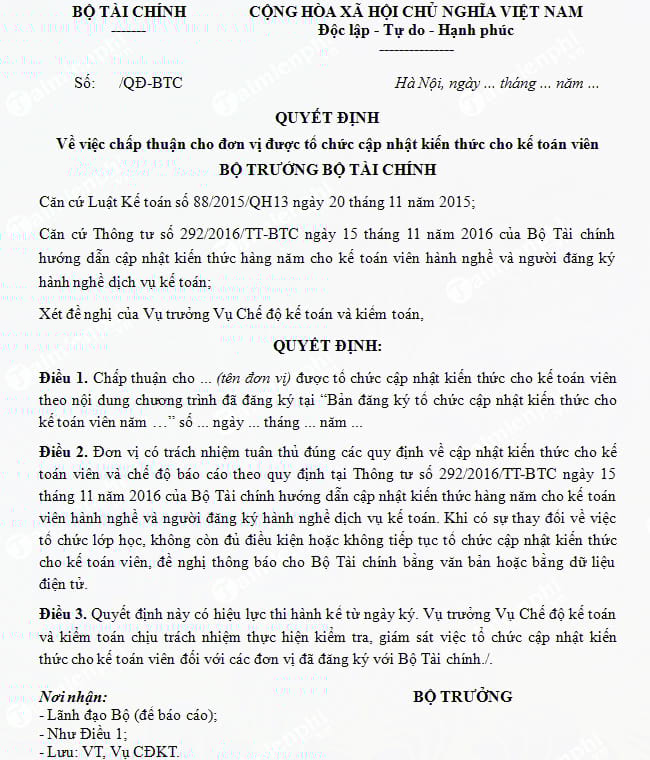 mau quyet dinh chap thuan cho don vi to chuc cap nhat kien thuc cho ke toan vien