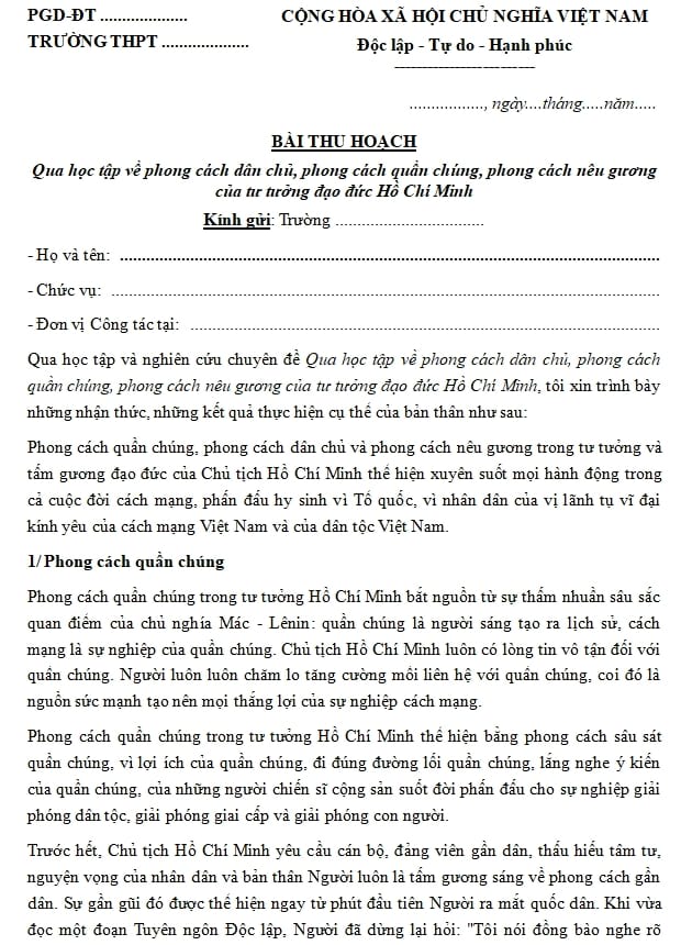 bai thu hoach hoc tap va lam theo phong cach ho chi minh