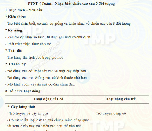 giao an toan nhan biet phan biet chieu cao cua 3 doi tuong