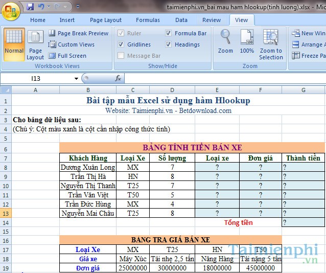 bai mau excel ham hlookup