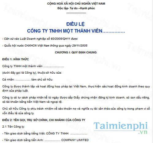 download mau dieu le cong ty tnhh 1 thanh vien