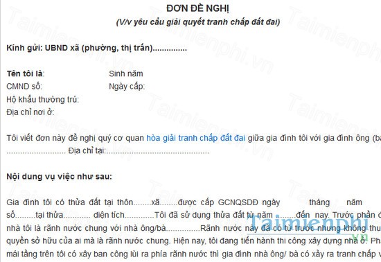 download mau don de nghi yeu cau giai quyet tranh chap dat dai