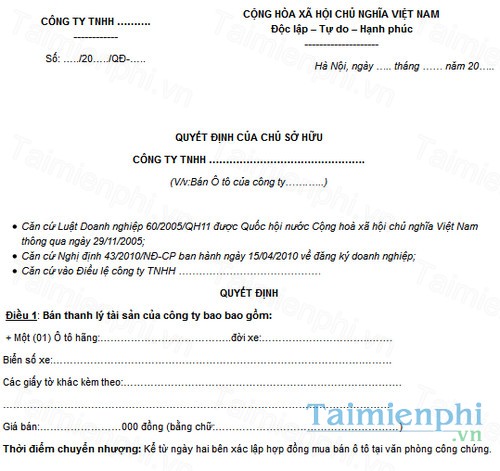 download mau quyet dinh ban o to cua chu so huu cong ty