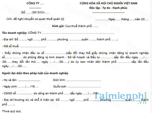 download mau cong van de nghi chuyen co quan thue quan ly