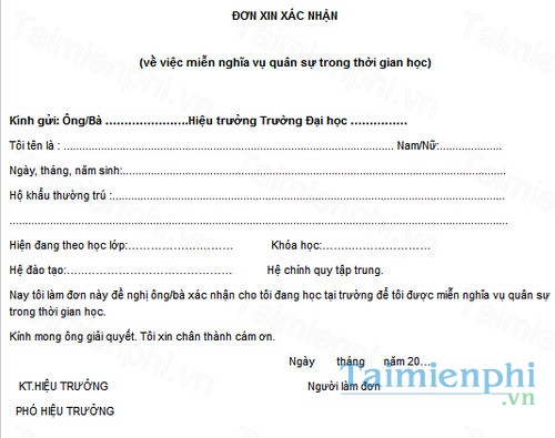 download mau don xin xac nhan mien nghia u quan su trong thoi gian hoc