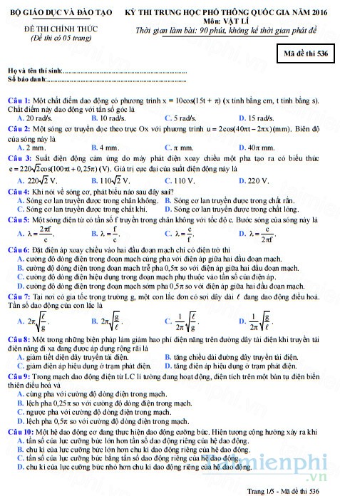 de thi thpt mon vat ly quoc gia 2016