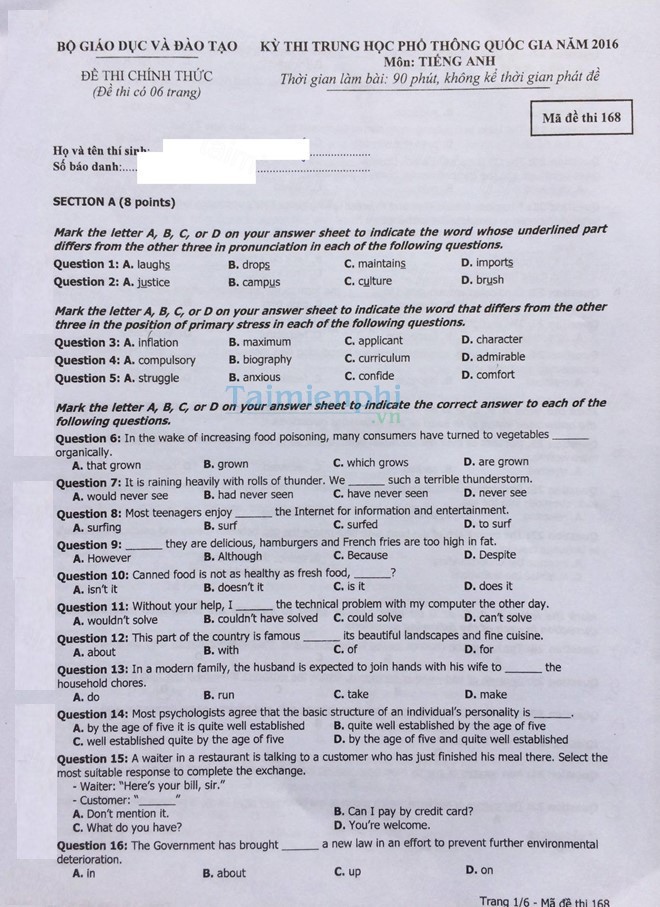 de thi thpt tieng anh