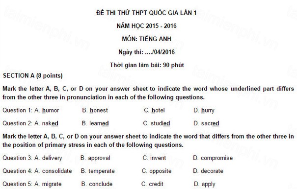 de thi thu thpt quoc gia mon tieng anh