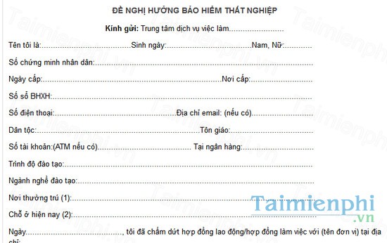 download mau don de nghi huong bao hiem that nghiep