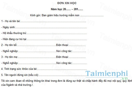 download mau don xin di hoc mam non