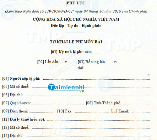 Tờ khai lệ phí môn bài