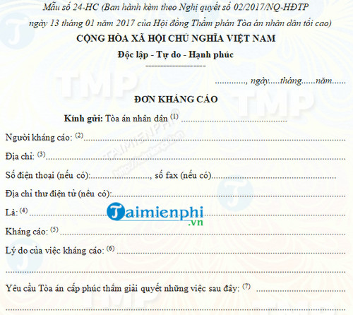 Đơn kháng cáo vụ án hành chính