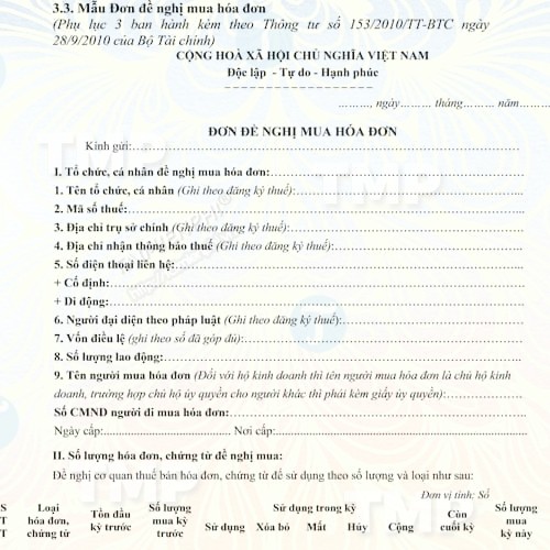 Đơn đề nghị mua hóa đơn